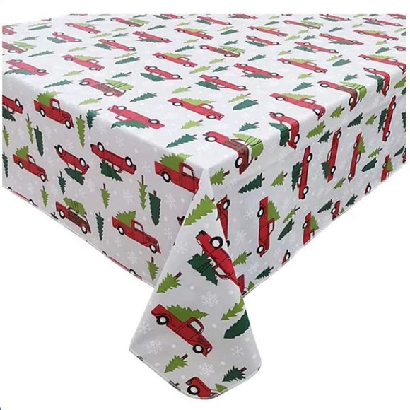NWT Christmas Holiday Truck Vinyl Tablecloth 70" Round - Picture 1 of 1